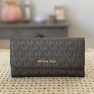 Michael Kors Jet Set Travel Large Trifold Wallet Signature MK Brown
